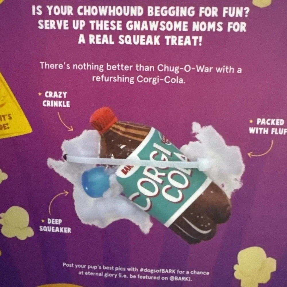 BARK BOX Corgi Cola XL‎ Toy Great for De-fluffers Squeeze Me Squeak Soda NEW